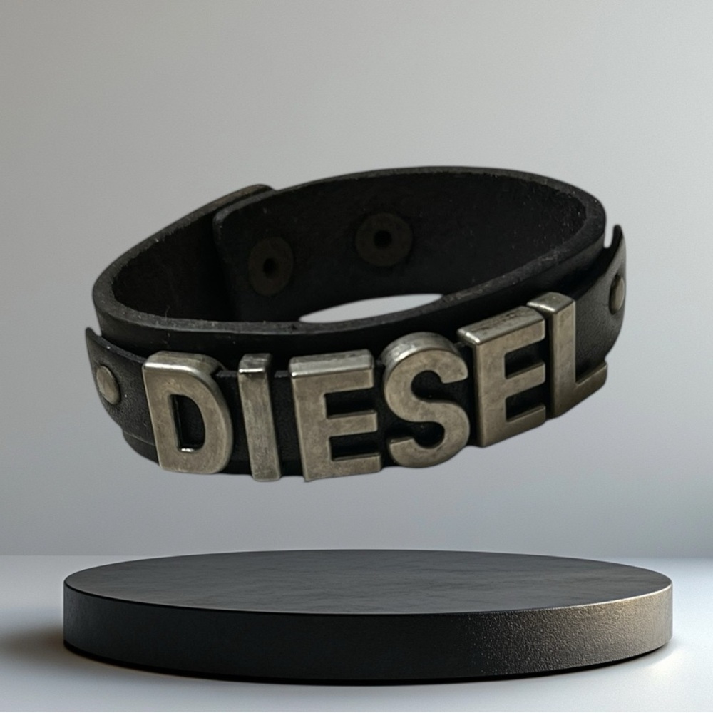 Diesel Black Leather Bracelet with Silver Logo Letters